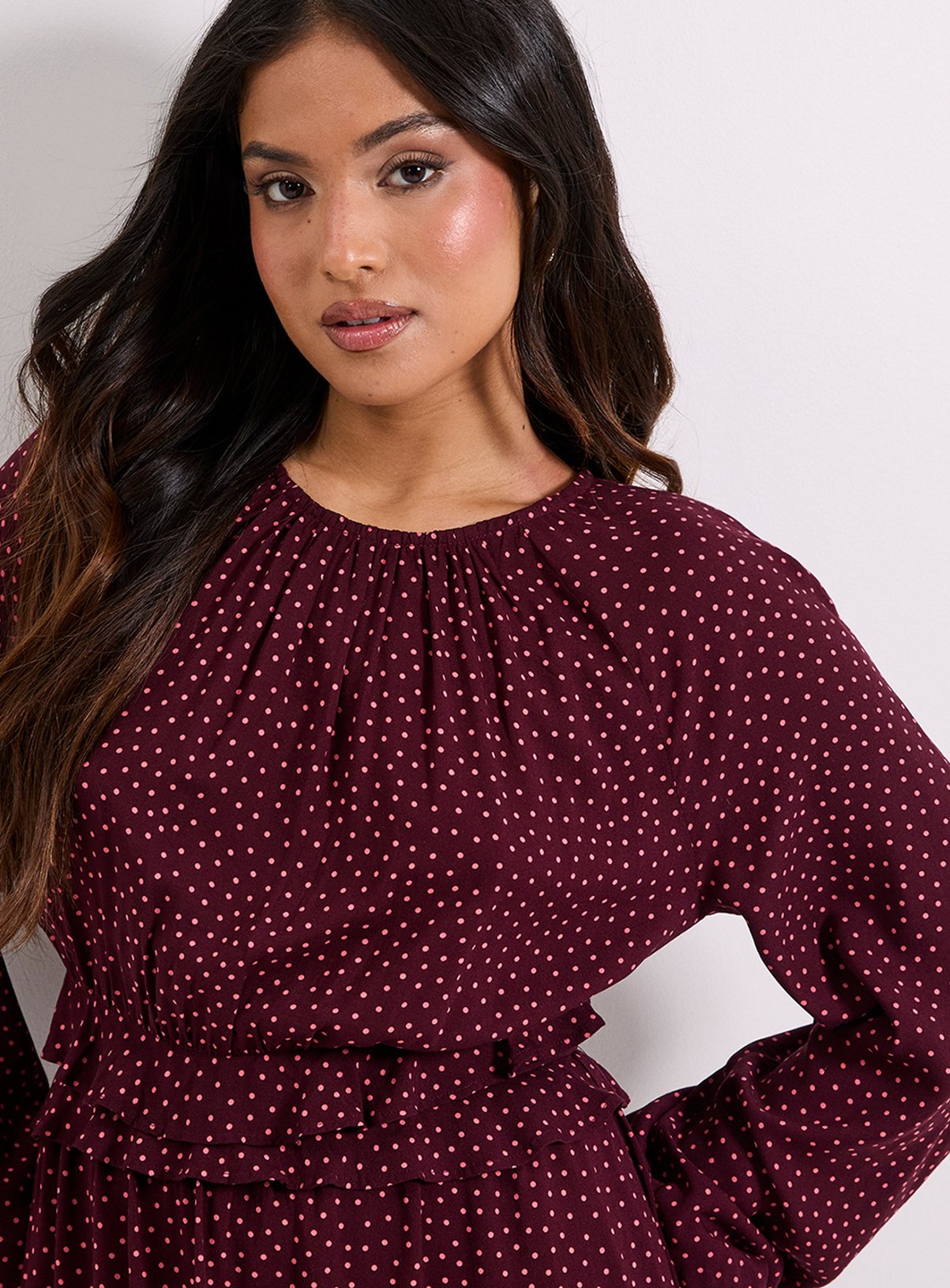 DOROTHY PERKINS Petite Berry Spot Frill Wait Detail Blouson Sleeve Midi Dress 14 - Image 4 thumbnail